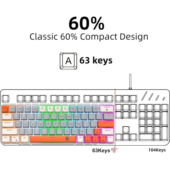 Mechanical Gaming Keyboard 60% Mini Wired Keyboard LED Backlit Compact 63 Keys - Picture 5 of 11